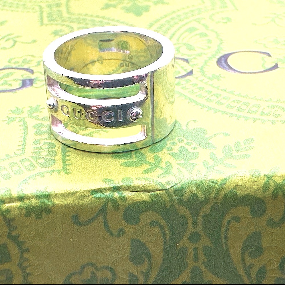 Gucci Cutout Logo Ring 925 Size 5- 5.5 Vintage Stamped ★1087 AL Italy .5 in Band - Picture 2 of 8